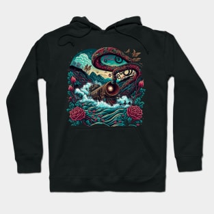 Flying steam train with waves and snakes Hoodie